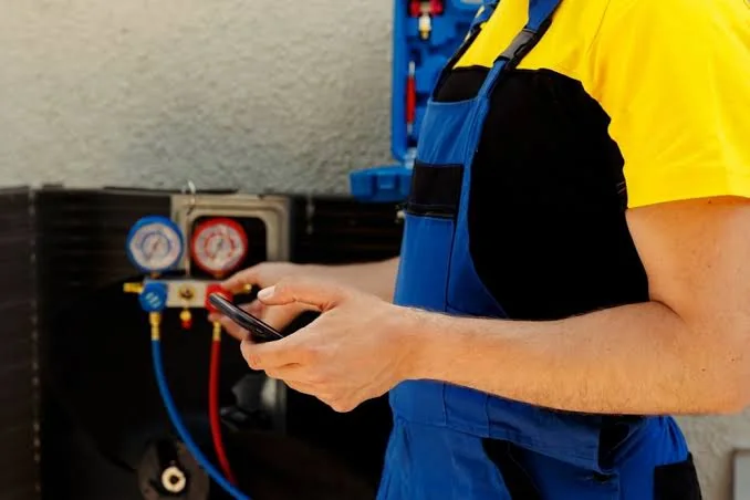 HVAC technician reviewing diagnostic readings beside pressure gauges
