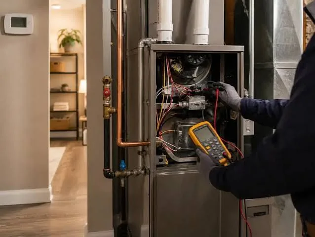 Technician using a meter to test an open residential furnace