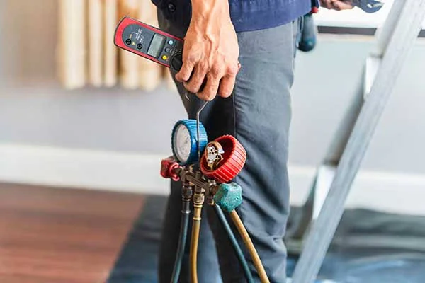 HVAC technician carrying pressure gauges and an electrical meter