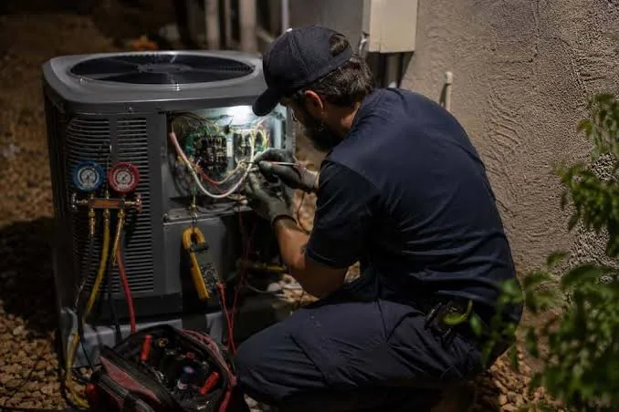 Technician troubleshooting an open residential outdoor air conditioning unit