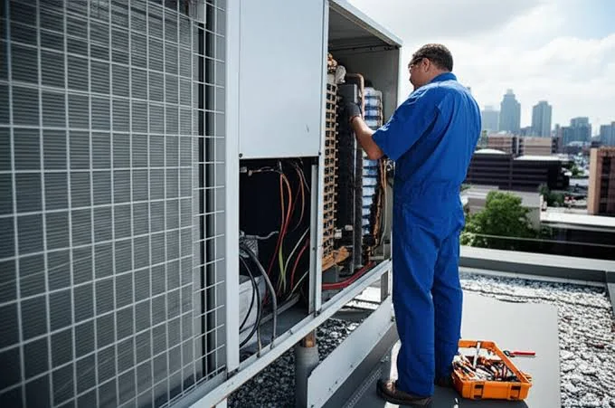 Technician servicing a large rooftop HVAC unit